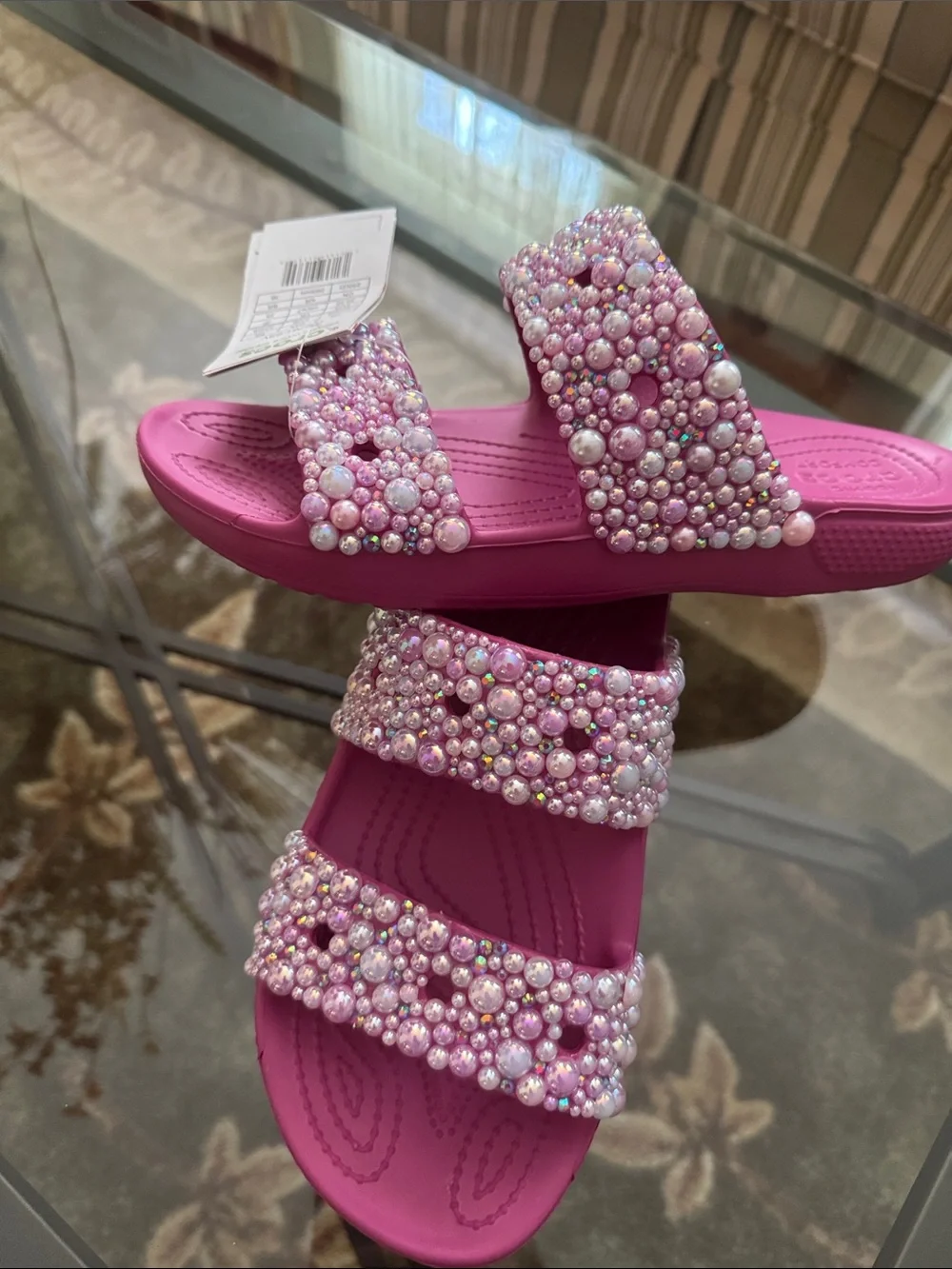CROCS Pink Pearl-Embellished Double-Strap Slides